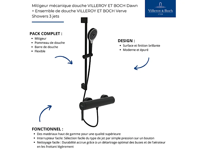Mitigeur mécanique douche VILLEROY ET BOCH Dawn Noir mat + Ensemble de douche VILLEROY ET BOCH Verve Showers 3 jets Noir mat