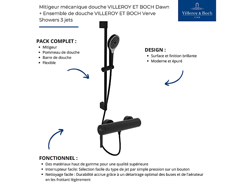 Mitigeur mécanique douche VILLEROY ET BOCH Dawn Noir mat + Ensemble de douche VILLEROY ET BOCH Verve Showers 3 jets Noir mat