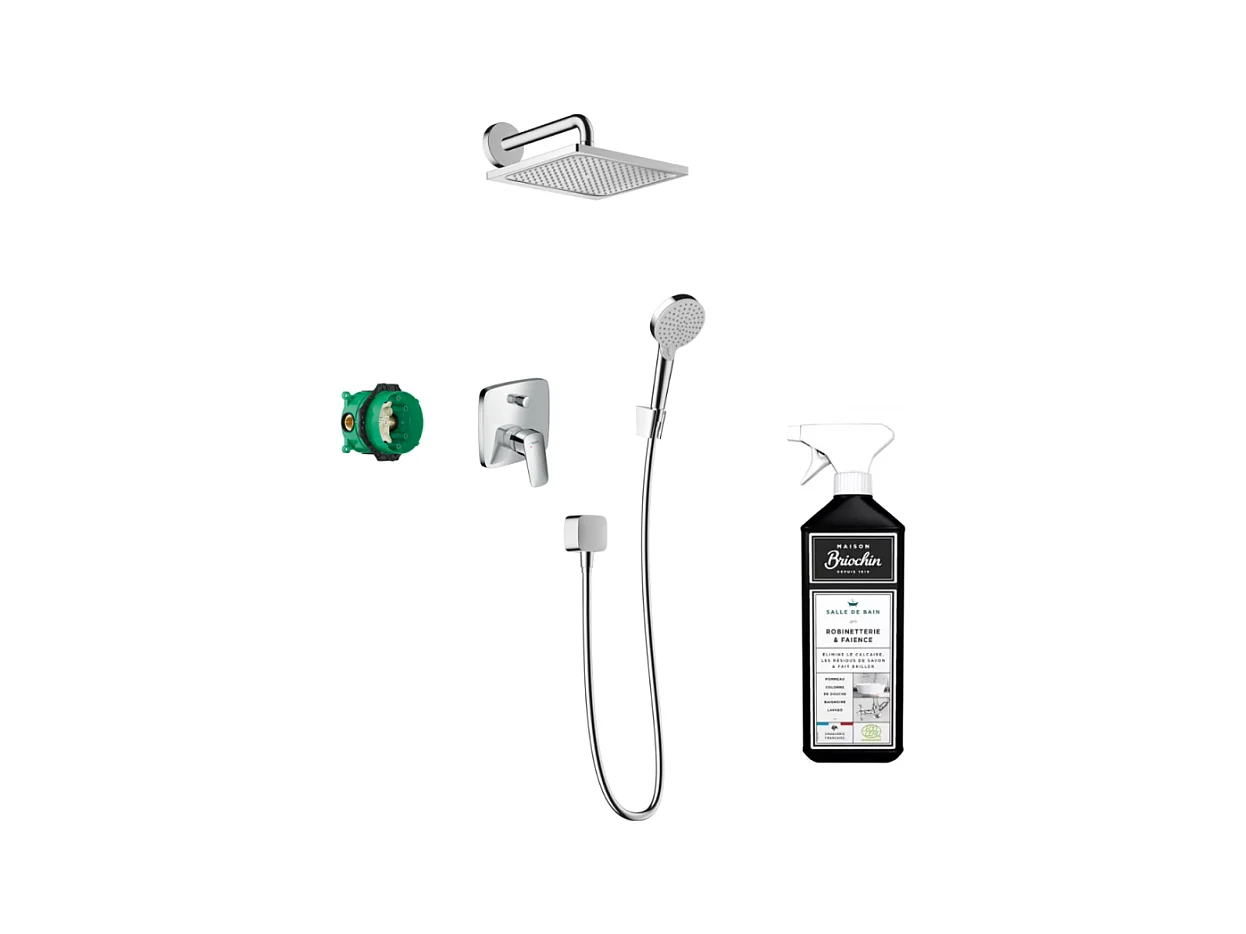 Colonne de douche mécanique encastrée HANSGROHE Logis chromé + nettoyant Briochin