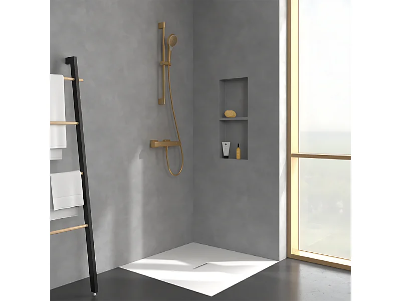 Mitigeur douche thermostatique VILLEROY ET BOCH Universal rectangle + Ensemble de douche Verve Showers 3 jets Or brossé