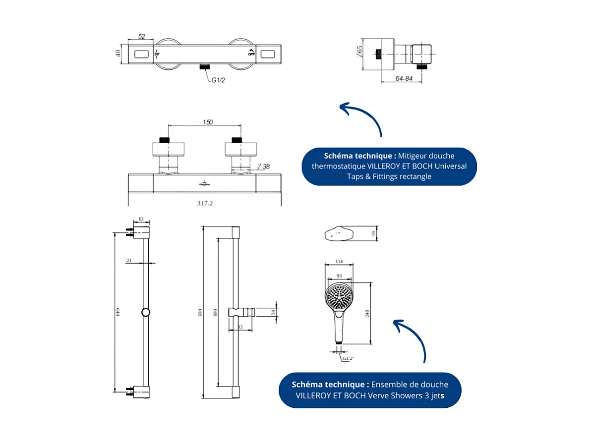 Mitigeur douche thermostatique VILLEROY ET BOCH Universal rectangle + Ensemble de douche Verve Showers 3 jets Or brossé
