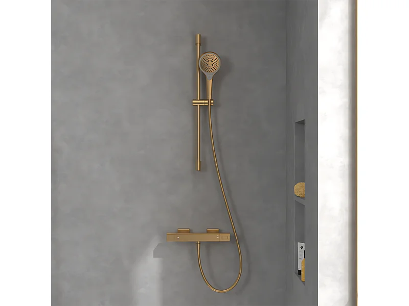 Mitigeur douche thermostatique VILLEROY ET BOCH Universal rectangle + Ensemble de douche Verve Showers 3 jets Or brossé