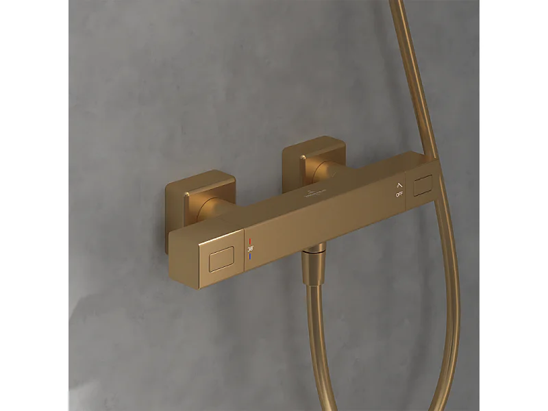 Mitigeur douche thermostatique VILLEROY ET BOCH Universal rectangle + Ensemble de douche Verve Showers 3 jets Or brossé