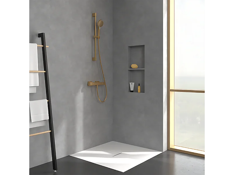 Mitigeur douche thermostatique VILLEROY ET BOCH Universal rectangle + Ensemble de douche Verve Showers 3 jets Or brossé