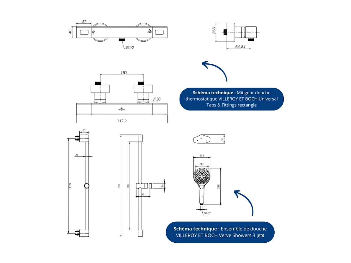 Mitigeur douche thermostatique VILLEROY ET BOCH Universal rectangle + Ensemble de douche Verve Showers 3 jets Or brossé