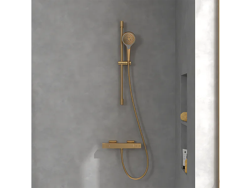 Mitigeur douche thermostatique VILLEROY ET BOCH Universal rectangle + Ensemble de douche Verve Showers 3 jets Or brossé