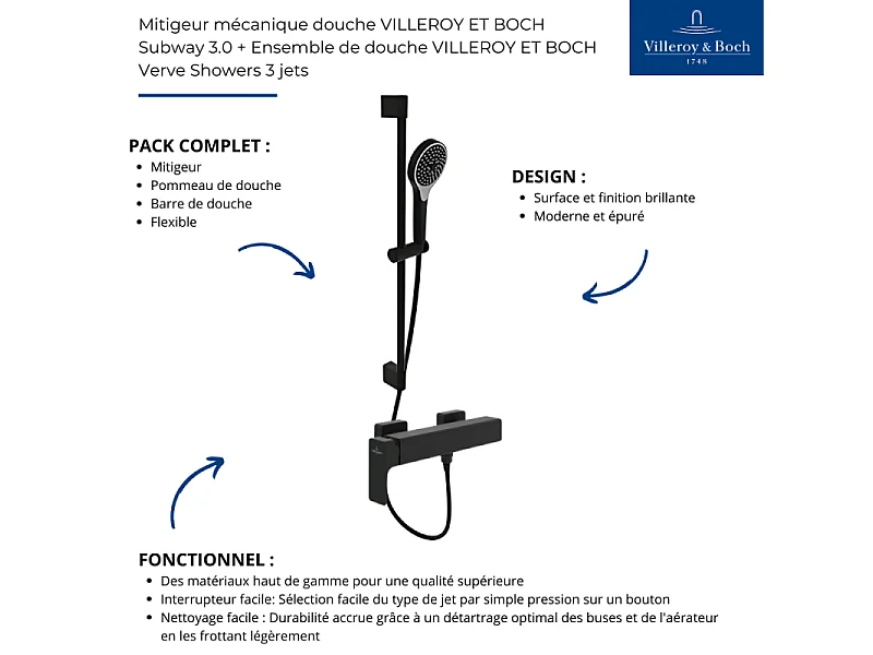 Mitigeur mécanique douche VILLEROY ET BOCH Subway 3.0 Chrome + Ensemble de douche VILLEROY ET BOCH Verve Showers 3 jets Noir mat