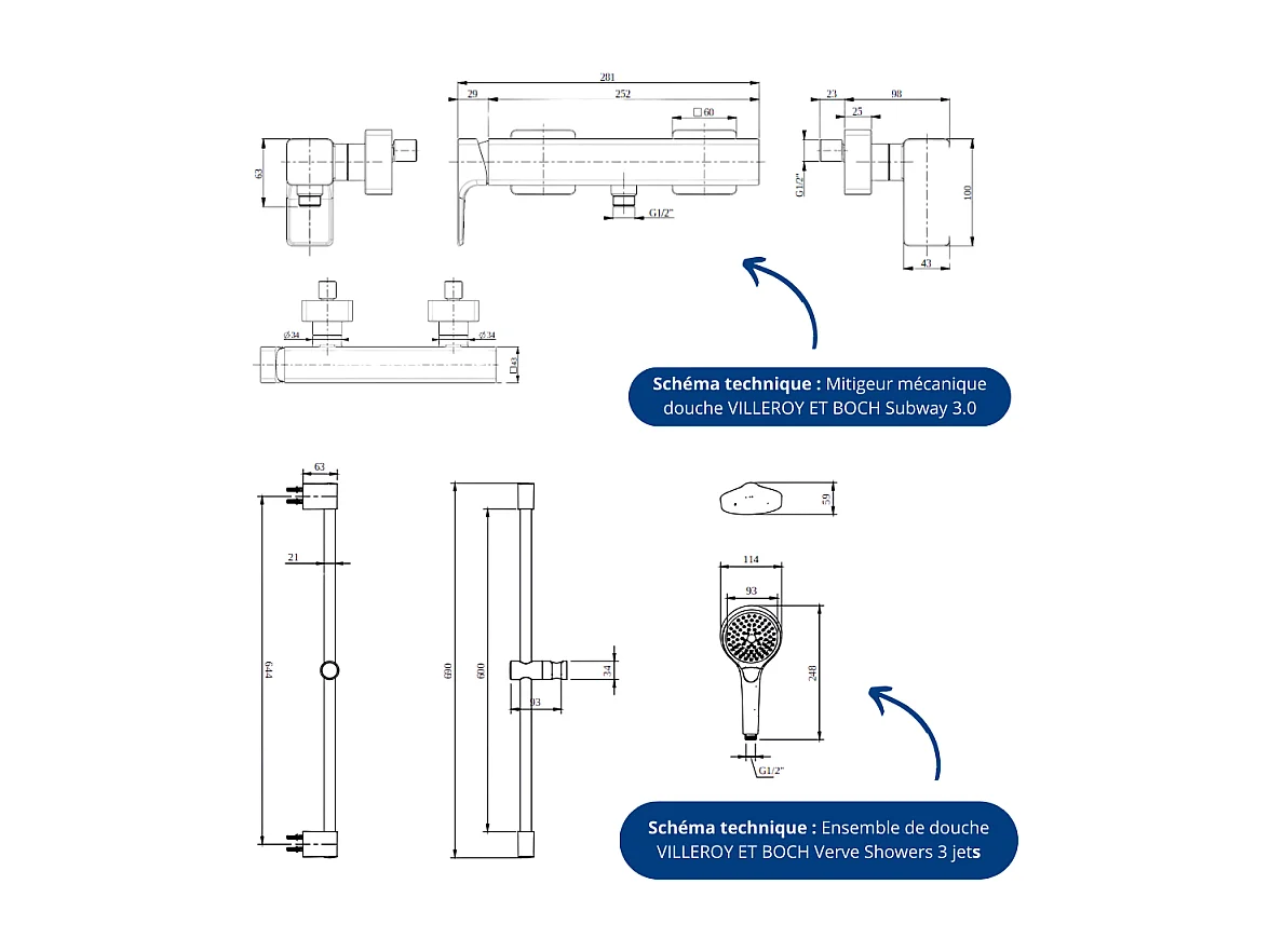 Mitigeur mécanique douche VILLEROY ET BOCH Subway 3.0 Chrome + Ensemble de douche VILLEROY ET BOCH Verve Showers 3 jets Noir mat
