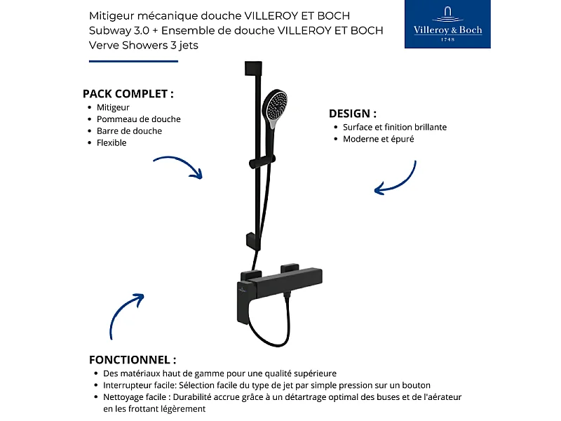 Mitigeur mécanique douche VILLEROY ET BOCH Subway 3.0 Chrome + Ensemble de douche VILLEROY ET BOCH Verve Showers 3 jets Noir mat