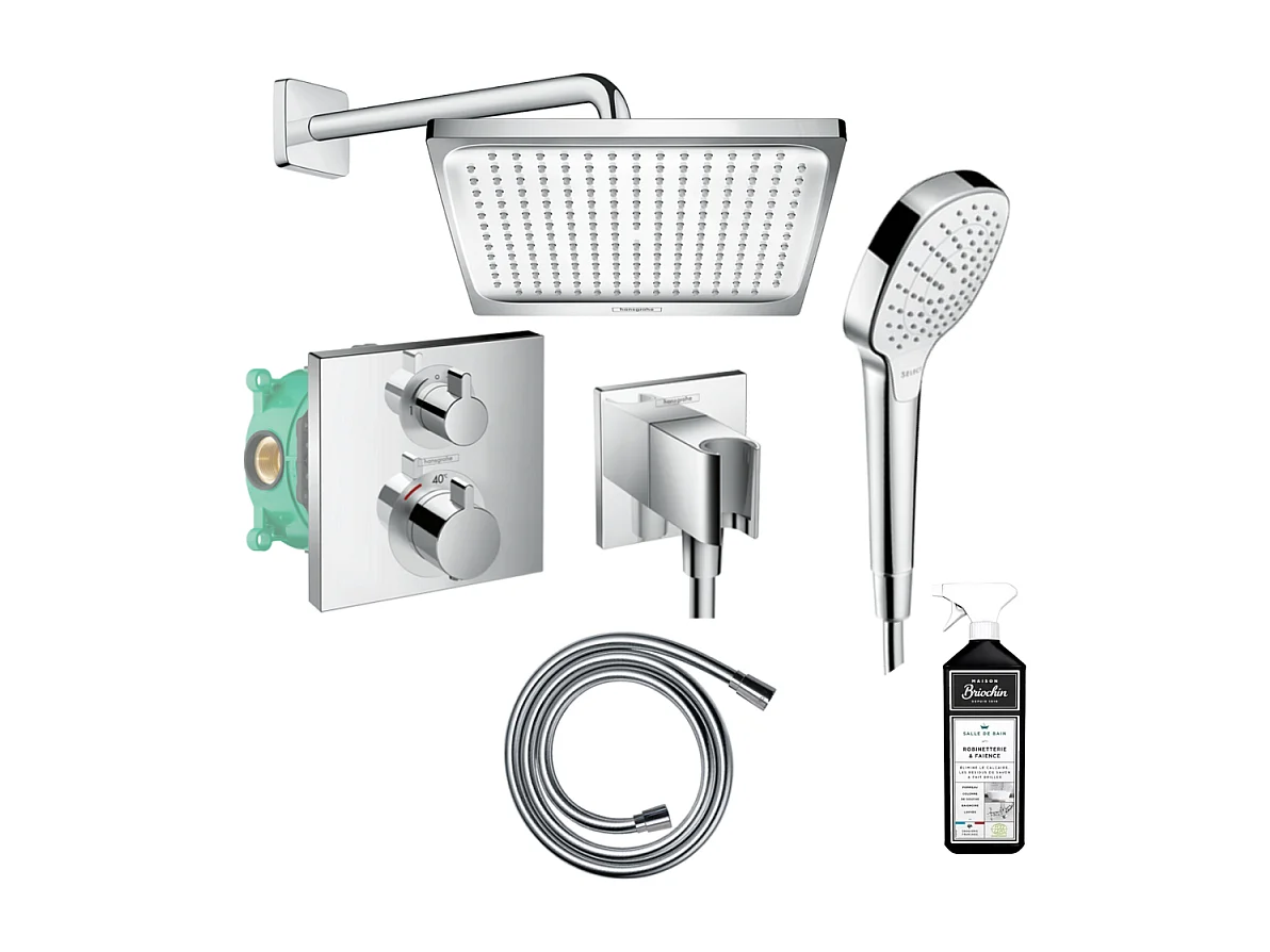 Pack de douche encastré thermostatique HANSGROHE Ecostat Square chromé + nettoyant Briochin