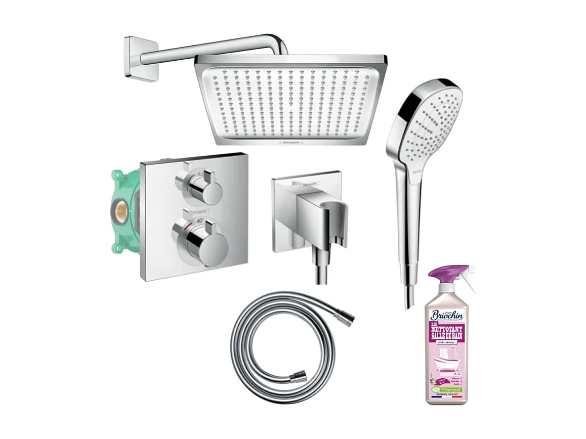 Colonne de douche encastrée thermostatique HANSGROHE Ecostat Square chromé + Nettoyant Briochin