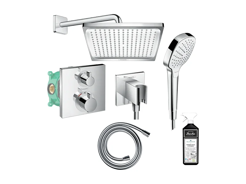 Pack de douche encastré thermostatique HANSGROHE Ecostat Square chromé + nettoyant Briochin