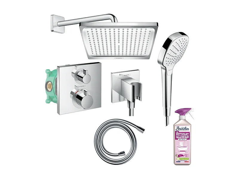 Colonne de douche encastrée thermostatique HANSGROHE Ecostat Square chromé + Nettoyant Briochin