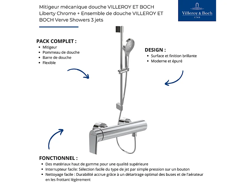Mitigeur mécanique douche VILLEROY ET BOCH Liberty Chrome + Ensemble de douche VILLEROY ET BOCH Verve Showers 3 jets Chrome