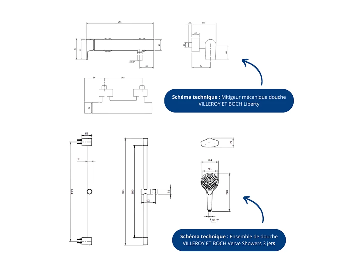 Mitigeur mécanique douche VILLEROY ET BOCH Liberty Chrome + Ensemble de douche VILLEROY ET BOCH Verve Showers 3 jets Chrome