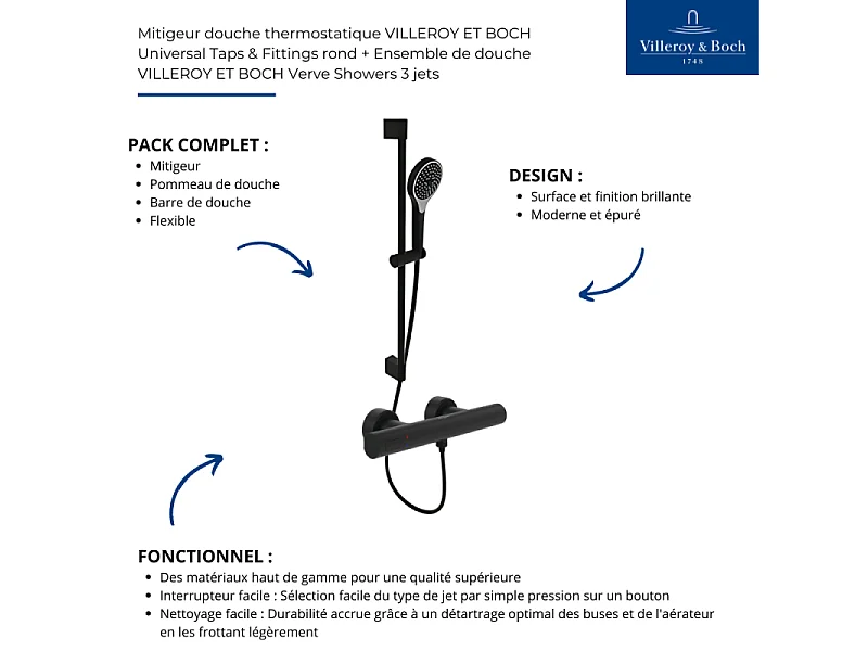 Mitigeur douche thermostatique VILLEROY ET BOCH Universal rond + Ensemble de douche Verve Showers 3 jets noir mat