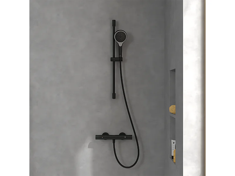 Mitigeur douche thermostatique VILLEROY ET BOCH Universal rond + Ensemble de douche Verve Showers 3 jets noir mat
