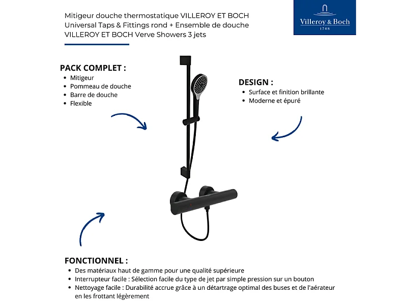 Mitigeur douche thermostatique VILLEROY ET BOCH Universal rond + Ensemble de douche Verve Showers 3 jets noir mat