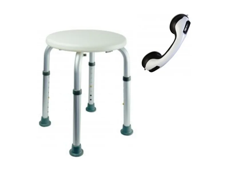 Tabouret de douche PMR PELLET Essentiel rond hauteur réglable + Barre à ventouse de maintien PMR PELLET 30 cm