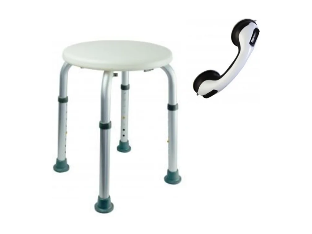 Tabouret de douche PMR PELLET Essentiel rond hauteur réglable + Barre à ventouse de maintien PMR PELLET 30 cm