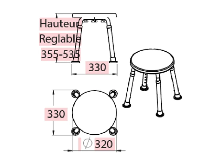 Tabouret de douche PMR PELLET Essentiel rond hauteur réglable + Barre à ventouse de maintien PMR PELLET 30 cm