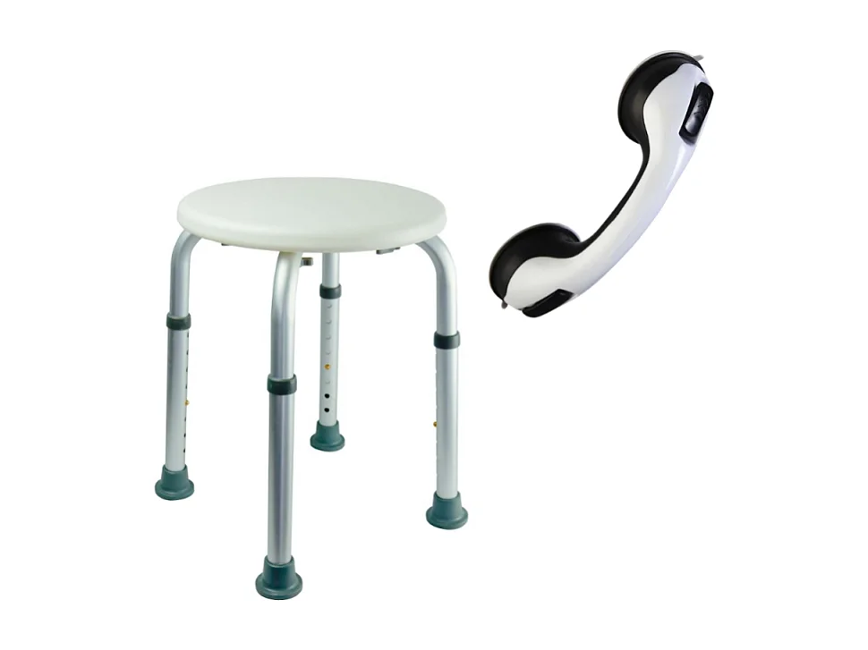 Tabouret de douche PMR PELLET Essentiel rond hauteur réglable + Barre à ventouse de maintien PMR PELLET 30 cm