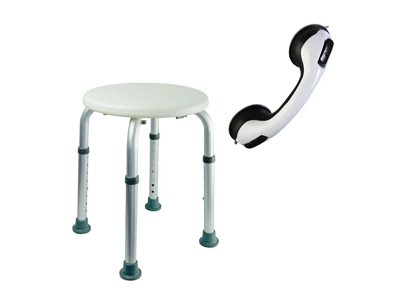Tabouret de douche PMR PELLET Essentiel rond hauteur réglable + Barre à ventouse de maintien PMR PELLET 30 cm