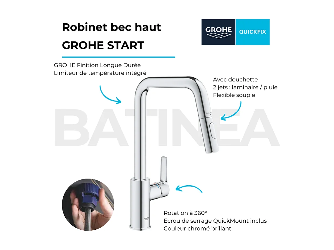 Grifo de cocina con chorro GROHE Start, caño alto cromado, 2 chorros