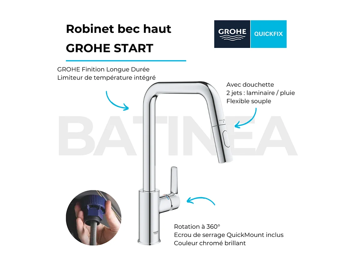 Grifo de cocina con chorro GROHE Start, caño alto cromado, 2 chorros