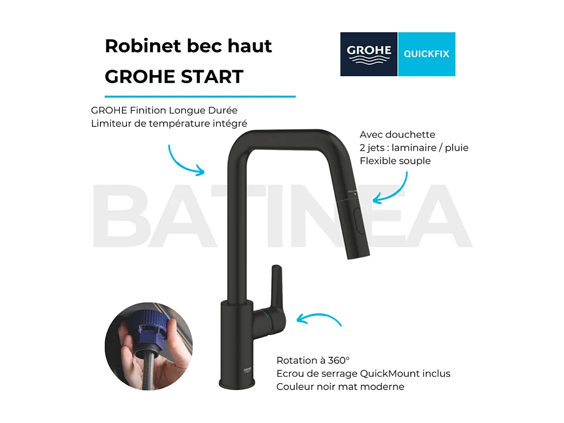 Robinet de cuisine avec douchette GROHE Start bec haut noir mat 2 jets