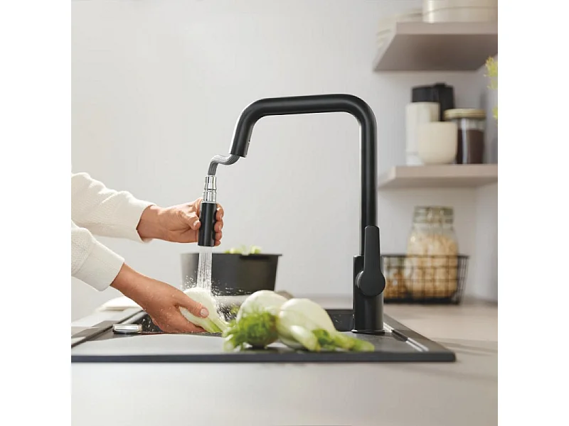 Robinet de cuisine avec douchette GROHE Start bec haut noir mat 2 jets