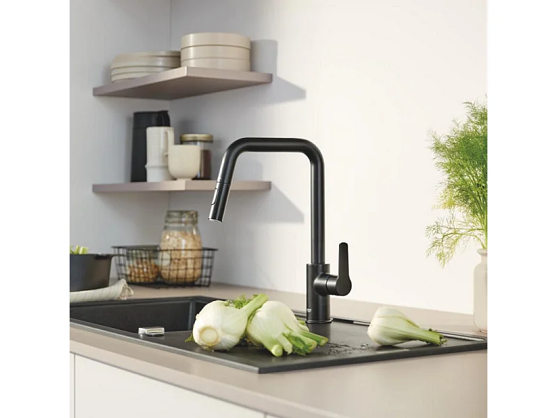 Robinet de cuisine avec douchette GROHE Start bec haut noir mat 2 jets