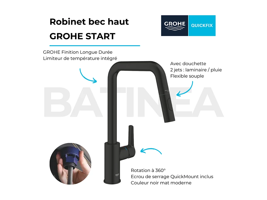 Robinet de cuisine avec douchette GROHE Start bec haut noir mat 2 jets