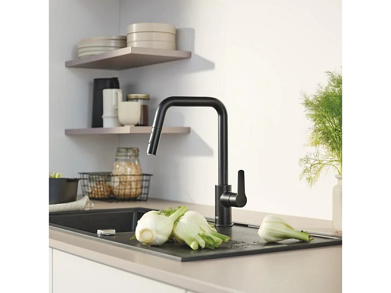 Robinet de cuisine avec douchette GROHE Start bec haut noir mat 2 jets