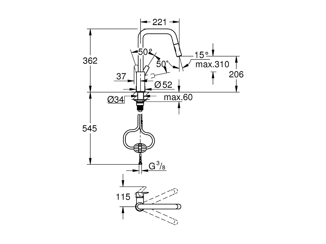 Robinet de cuisine avec douchette GROHE Start bec haut noir mat 2 jets