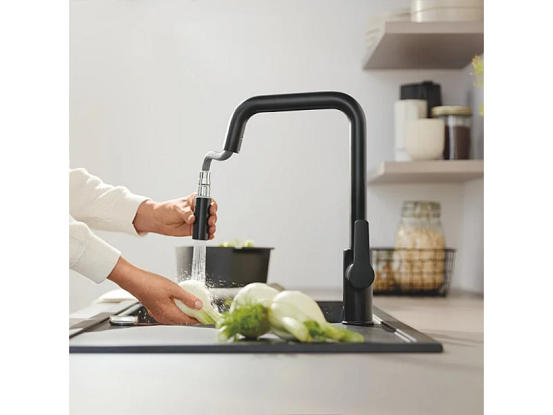 Robinet de cuisine avec douchette GROHE Start bec haut noir mat 2 jets