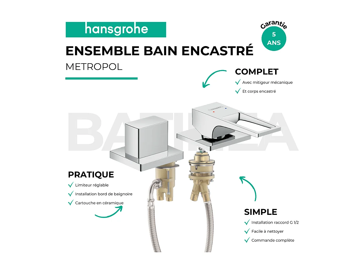 Mitigeur bain douche 2 sorties poignée étrier HANSGROHE Metropol chromé + corps encastré