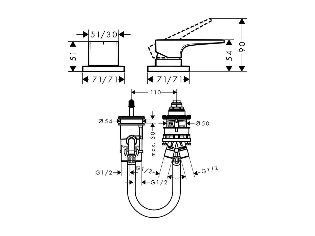 Mitigeur bain douche 2 sorties poignée étrier HANSGROHE Metropol chromé + corps encastré