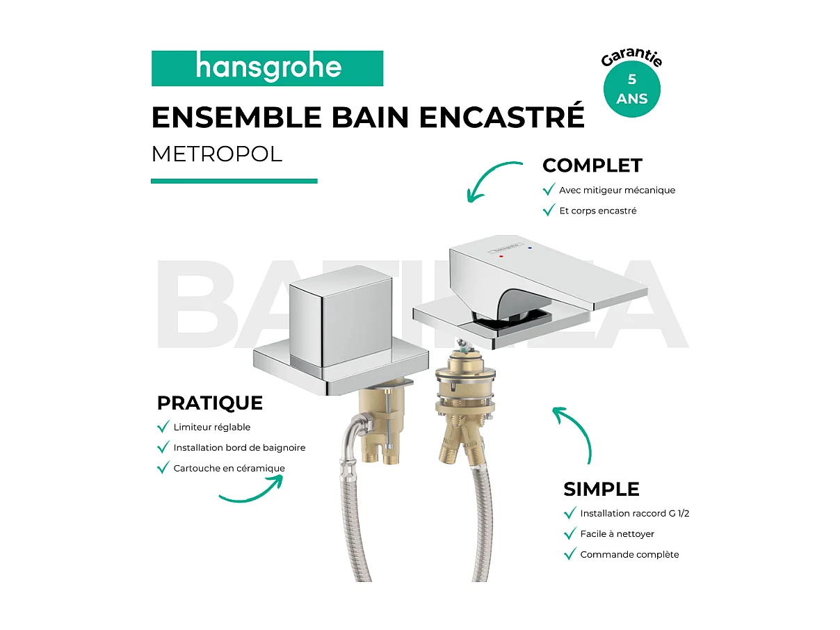 Mitigeur bain douche 2 sorties poignée manette HANSGROHE Metropol chromé + corps encastré