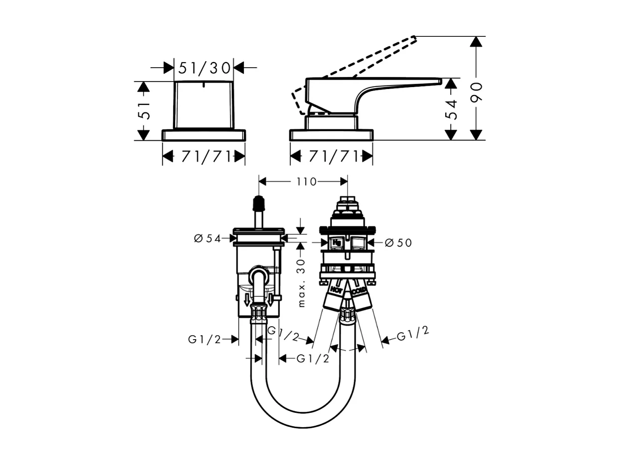 Mitigeur bain douche 2 sorties poignée manette HANSGROHE Metropol chromé + corps encastré