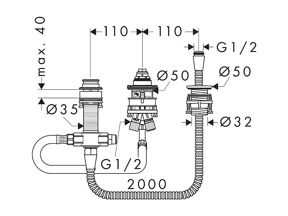 Cuerpo empotrado de 3 orificios para bañera HANSGROHE