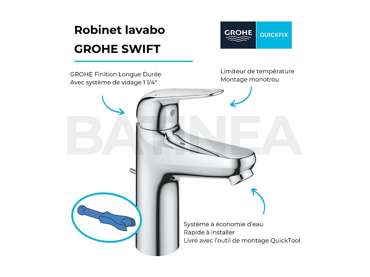 Mitigeur lavabo GROHE Swift avec tirette chromé M