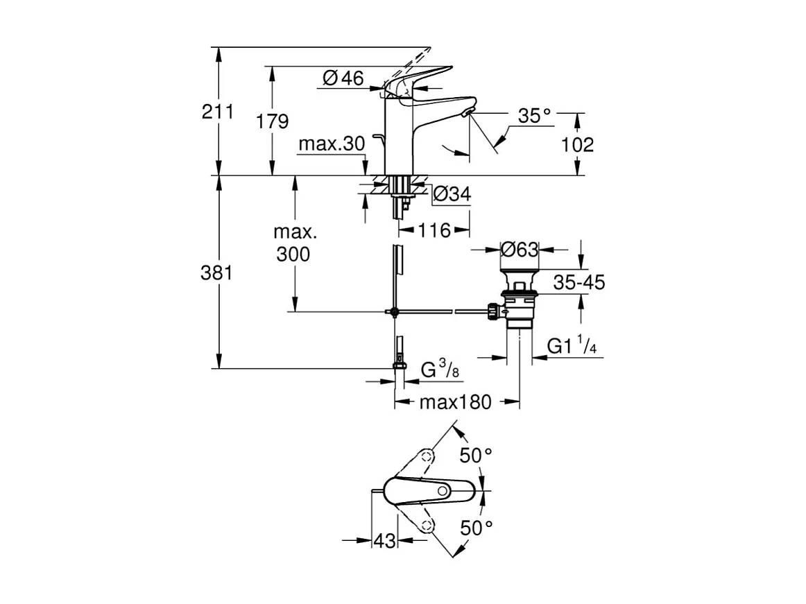 Mitigeur lavabo GROHE Swift avec tirette chromé M