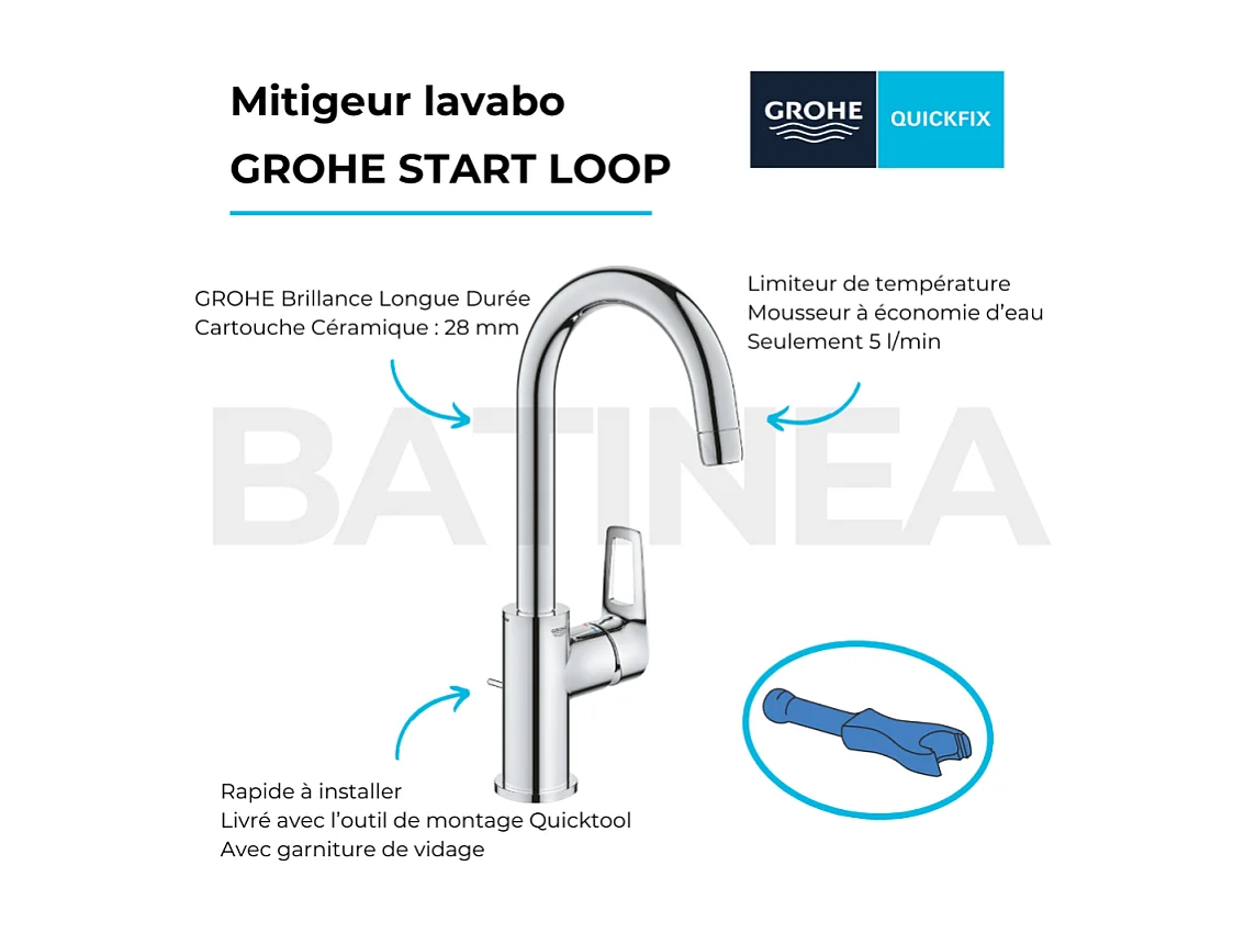 Mitigeur lavabo GROHE Start Loop bec col de cygne chromé