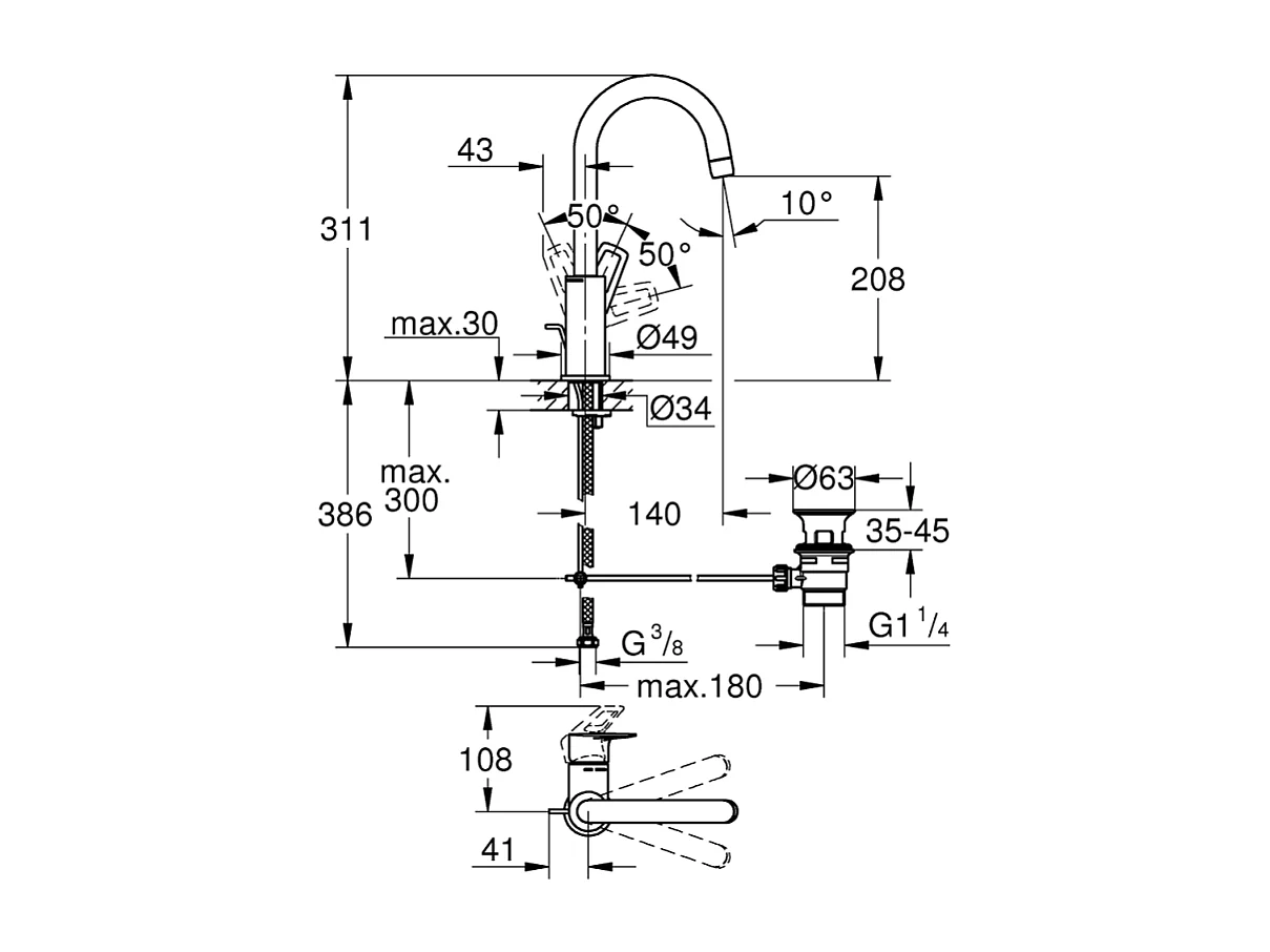 Mitigeur lavabo GROHE Start Loop bec col de cygne chromé