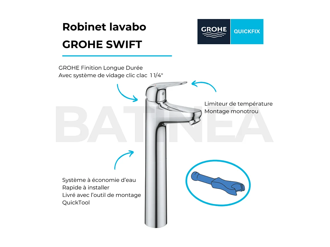 Mitigeur lavabo GROHE Swift avec vidage Push open chromé XL