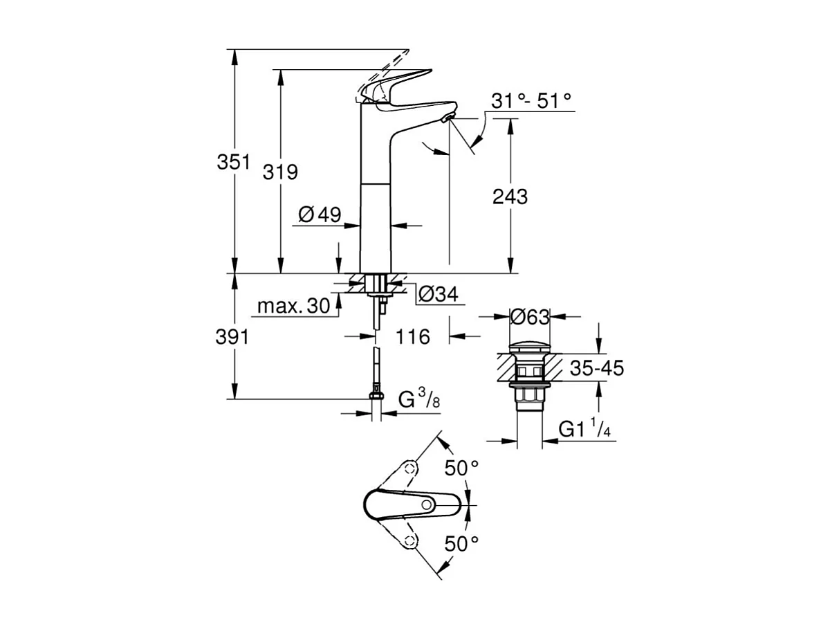 Mitigeur lavabo GROHE Swift avec vidage Push open chromé XL