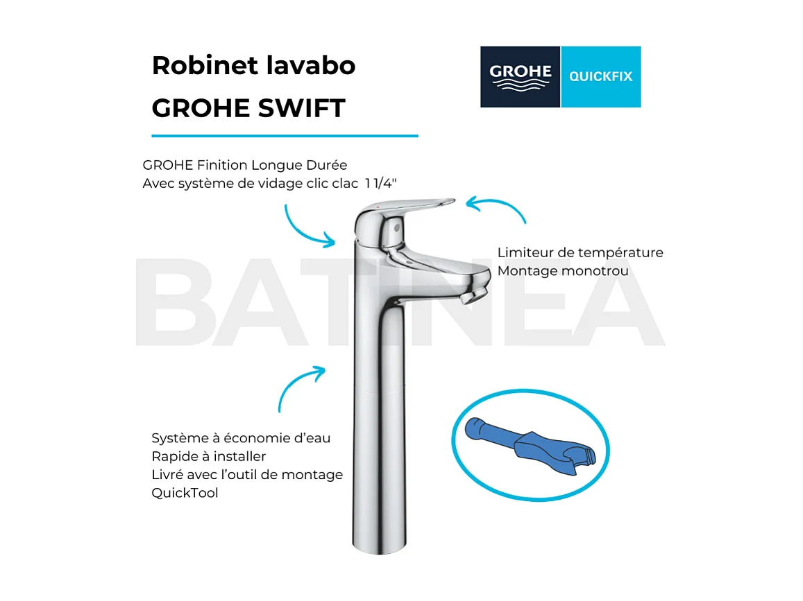 Mitigeur lavabo GROHE Swift avec vidage Push open chromé XL