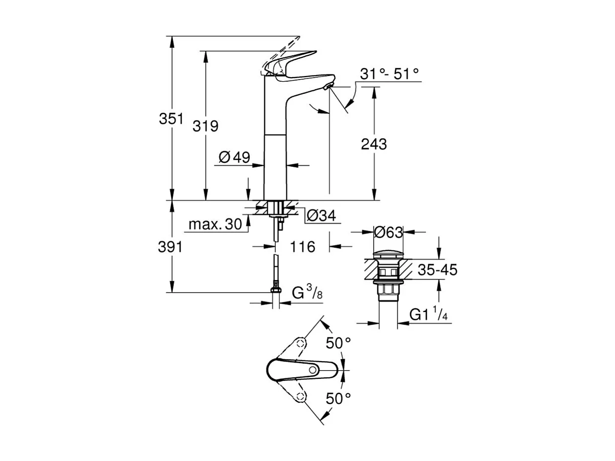 Mitigeur lavabo GROHE Swift avec vidage Push open chromé XL