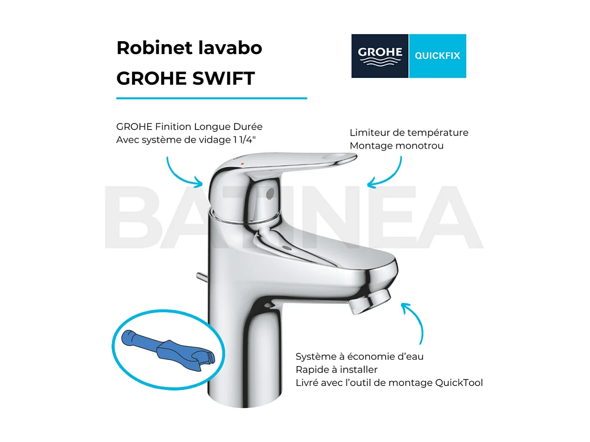 Mitigeur lavabo GROHE Swift avec tirette chromé S